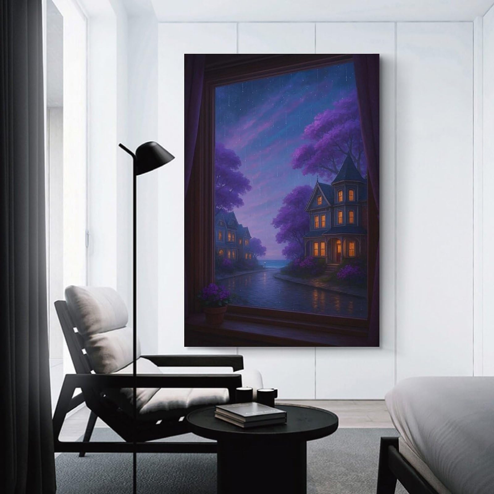 Junmoney Hanging Wall Art Rainy Night in Purple Hues, 20x30inch(50x75cm), for Work Areas, Reading Rooms Or Studios, Wall Art That Adds Style to Work Areas