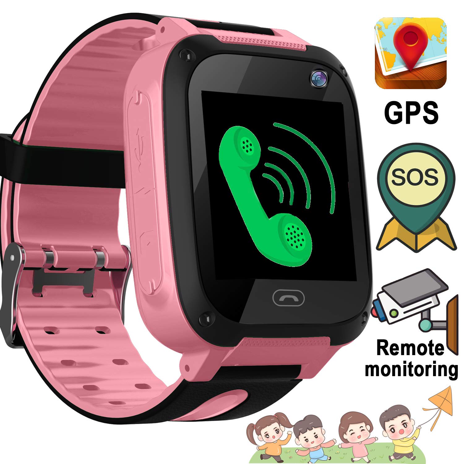 Kids Smart Watch Phone GPS Tracker SOS for Children Touch Screen Fitness Tracker Anti-Lost Camera Game Flashlight Alarm Clock Holiday Birthday (6 Pink(Kid Smart Watch Phone GPS))