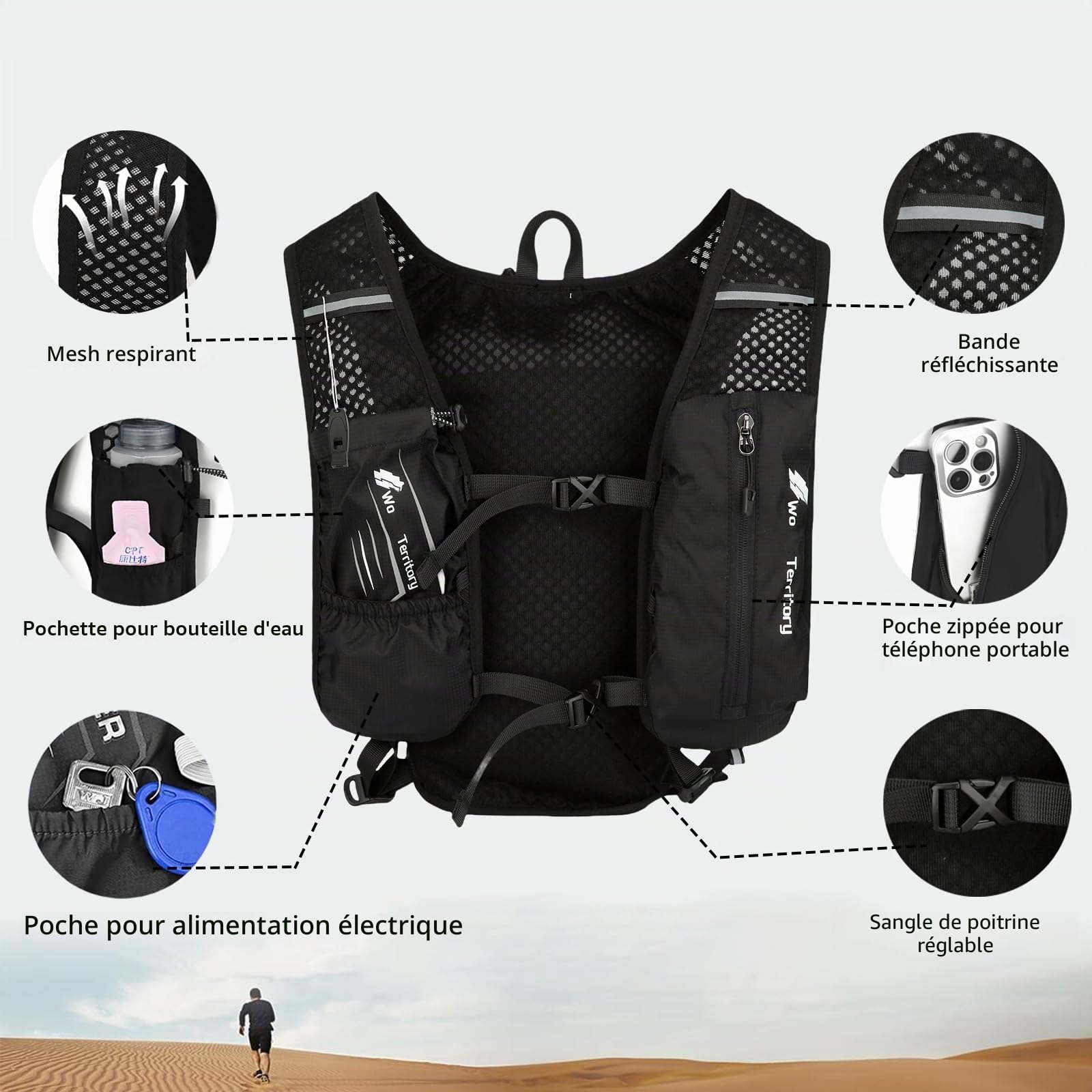 Gilet de course avec bouteille d'eau de 500 ml pour homme et femme - Sangles de poitrine réglables - Gilet de course réfléchissant ultra léger - Pour la course, le cyclisme, les trails, les marathons