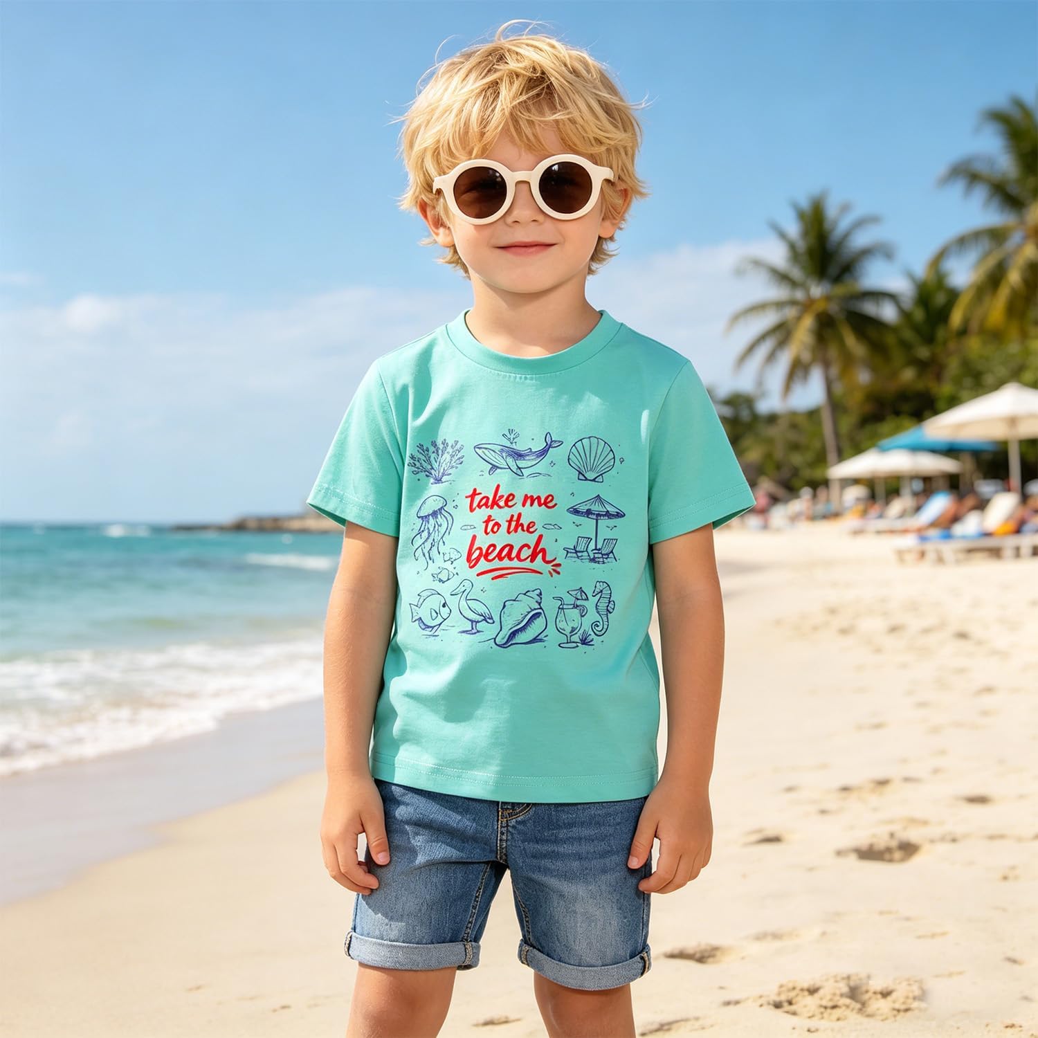 SOFEON Toddler Boy Girl Beach T-Shirt Kids Summer Vacation Ocean Graphic Tees Take Me to The Beach Shirt Cute Holidays Tops