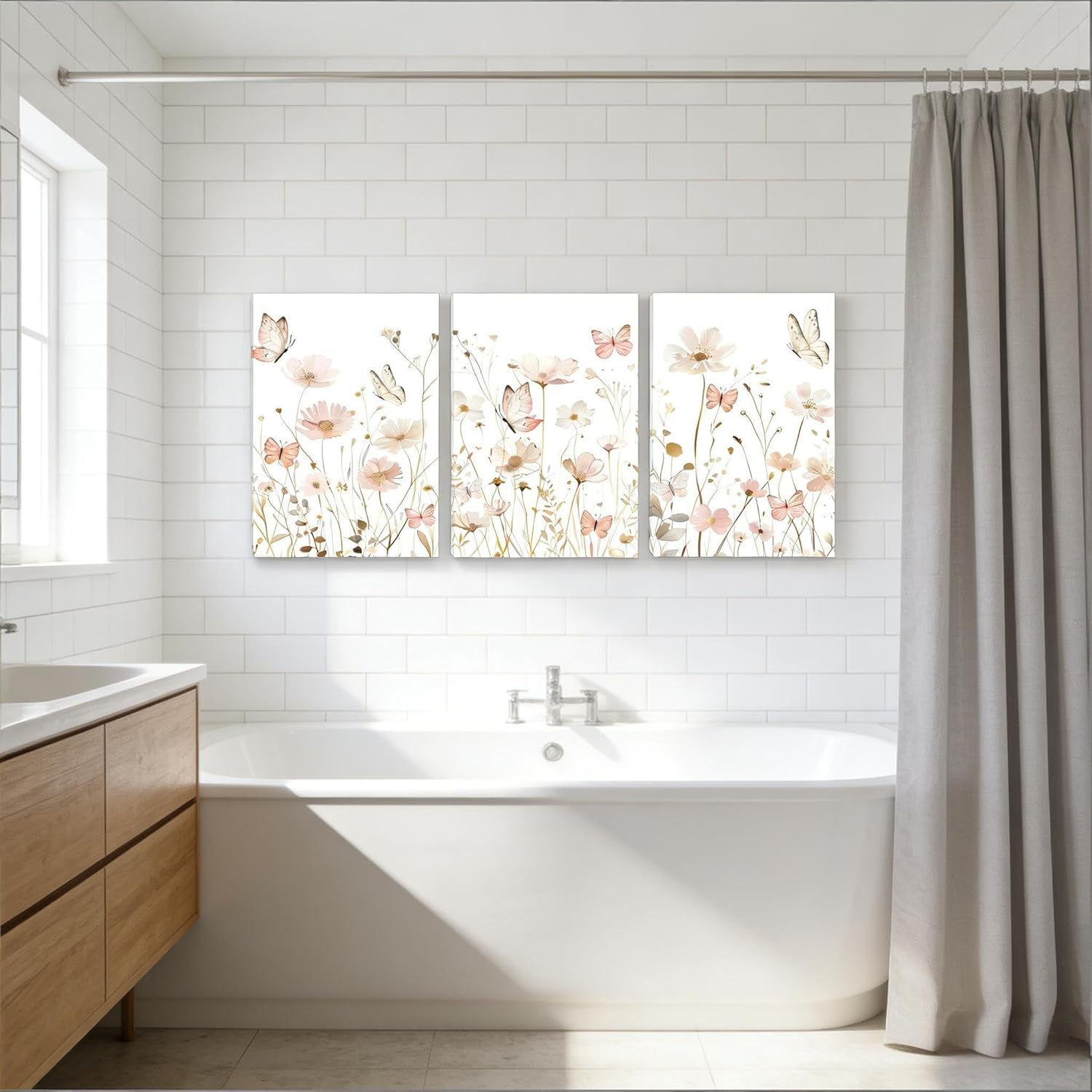 3 PCS Pink Butterfly Wildflower Canvas Wall Art Butterfly Painting Poster Nursery Room Wall Decor Pink Wildflower Pictures for Girls Living Room Bathroom Bedroom Home Decoration 12*16 in ( Stretched Canvas on A Wooden Frame)