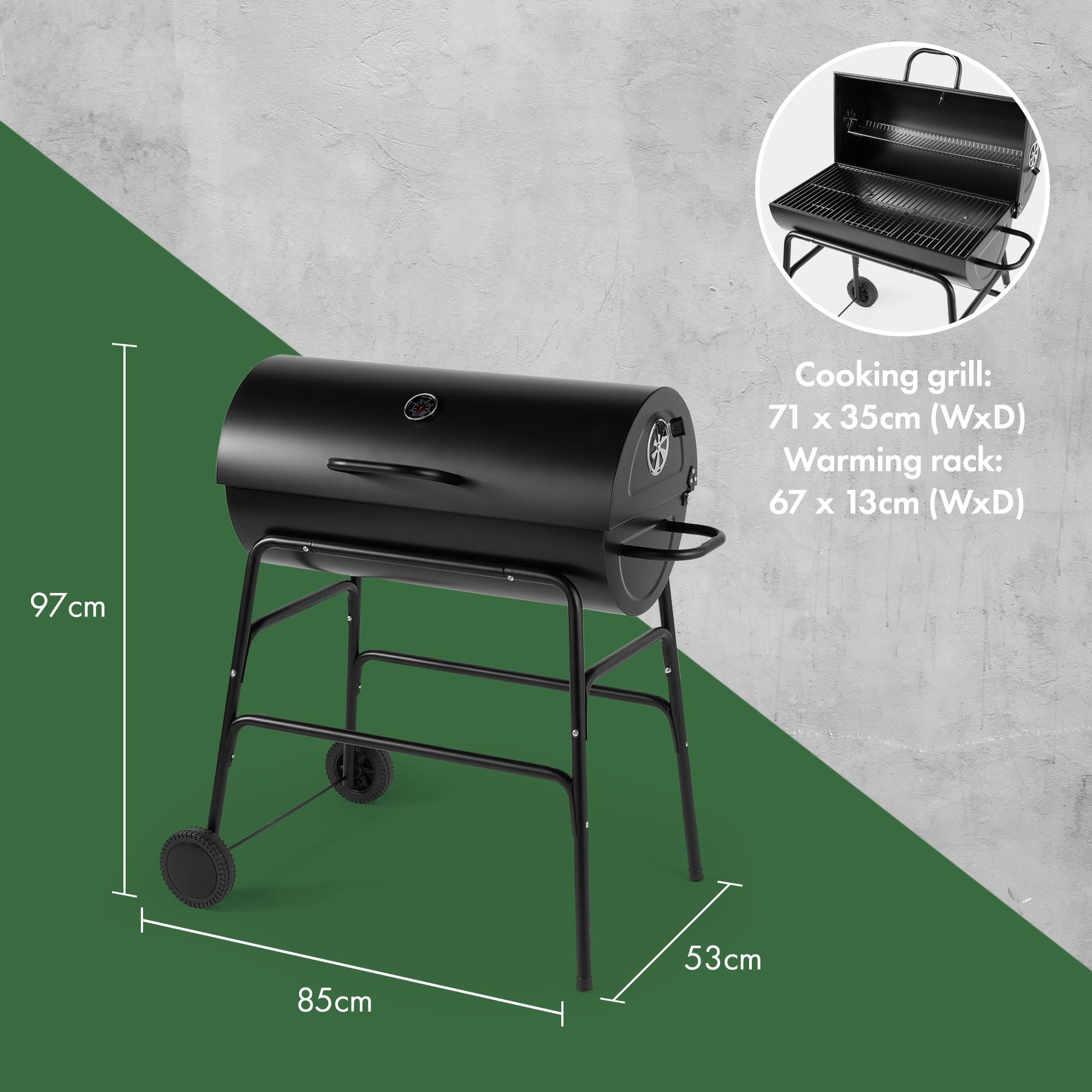 VonHaus Charcoal BBQ – Portable Barrel Barbecue with Warming Rack 