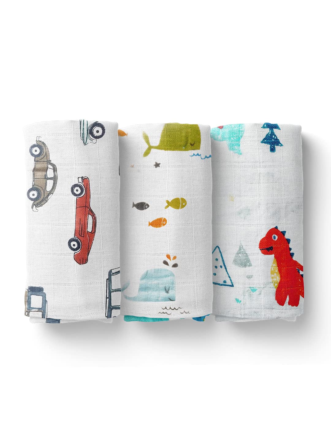 Moms Home Organic Cotton Baby Muslin Swaddle Combo | Car, Blue Whale, DinoPark | 100X100 cm | 0-12 Months | Multicolor | Pack of 3