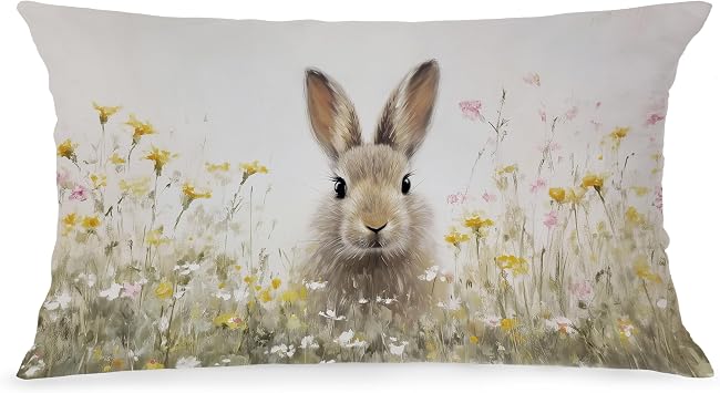 Spring Easter Bunny Lumbar Pillow Cover 12x20 Double-Sided, Farmhouse Easter Decor, Vintage Wildflower Cute Rabbit Decorative Throw Pillow Cover for Nursery Room Home Bedroom