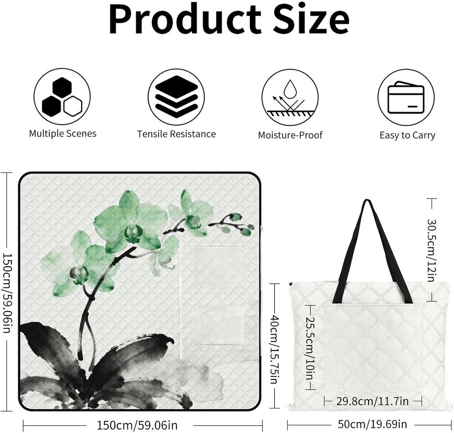 Green Orchid Picnic Blanket with Zipper Water Resistant Sand Free Picnic Mat Washable Foldable Easy Carry Beach Blanket for Lawn Beach Hiking Camping