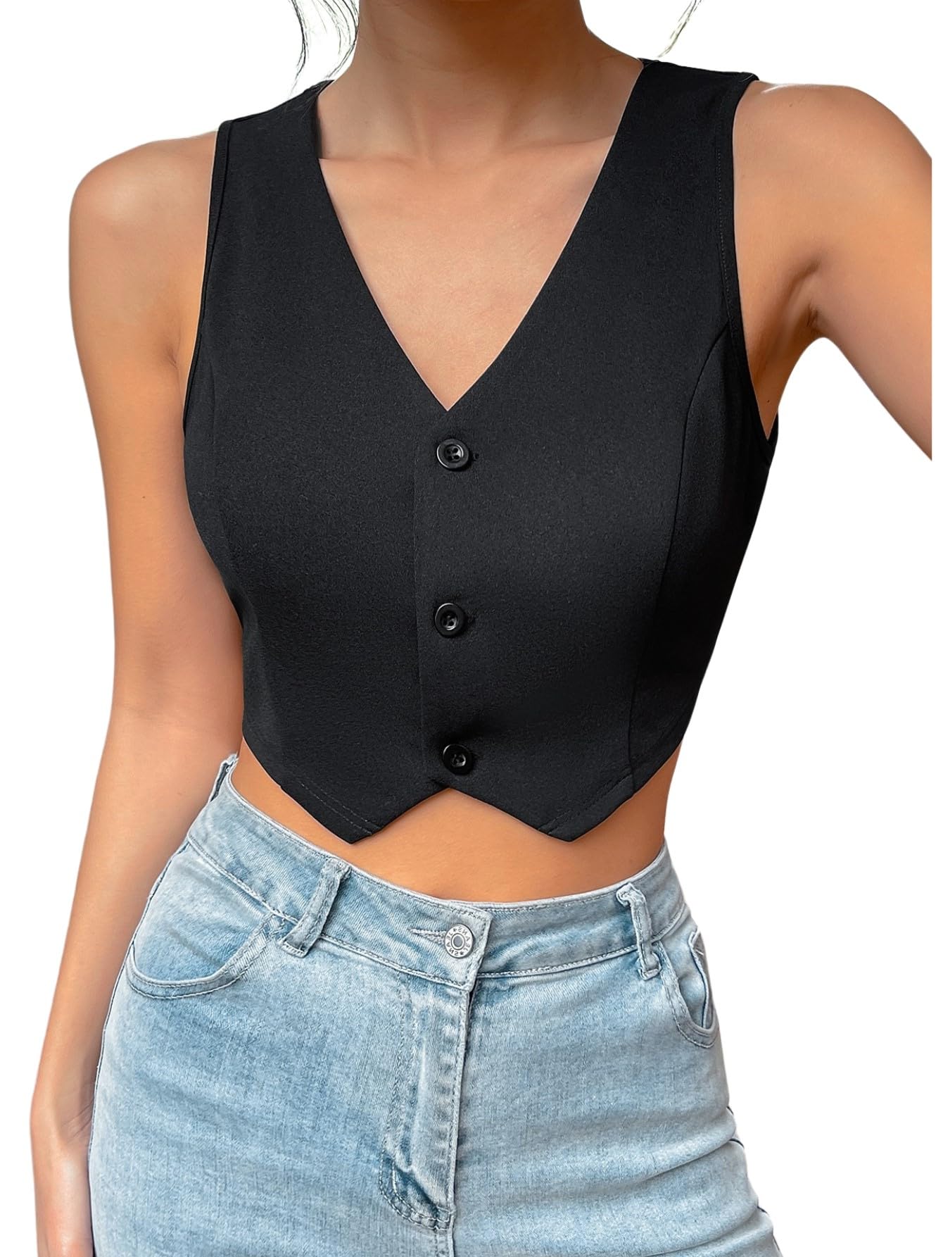 aahwan Solid Short Cut SuitVest with Front Buttons Lapel Collar Sleeveless Waistcoat Crop Top for Women's & Girl's-picture-10