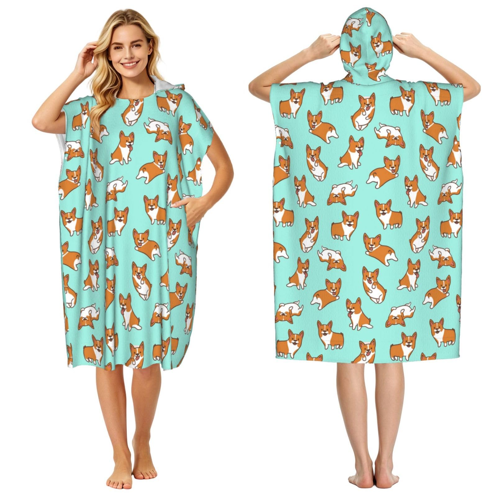 Poadnly Corgi Cute Dog, Adult Hooded Beach Towel 90 x 110 cm,Changing Bath Robe, Surf Poncho Towel For Women Men