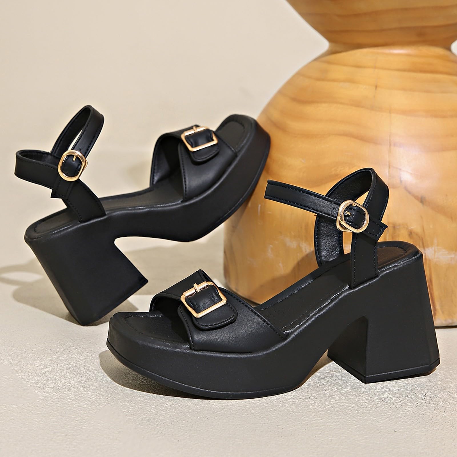 Genérico Chanclas Playa Mujer-Sandalias de Mujer con Tacón Medio y Punta Cuadrada Hebilla Metálica para una Elegancia Cómoda de Verano