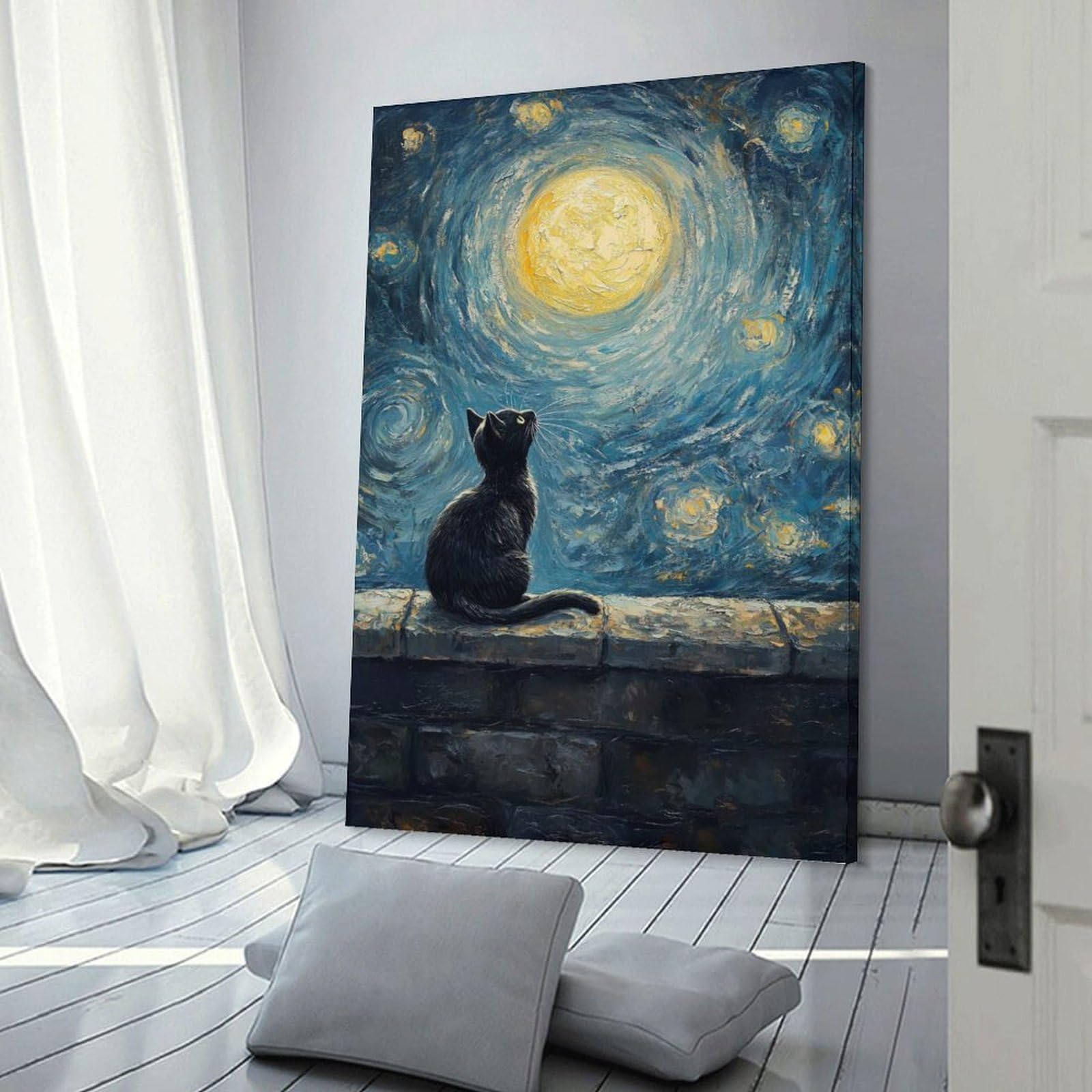 Junmoney Cat Under Starry Night Canvas Art Print, 20x30inch(50x75cm), for Restful Interiors, Bedrooms Or Small Rooms, A Warm Accent for Relaxed Interiors