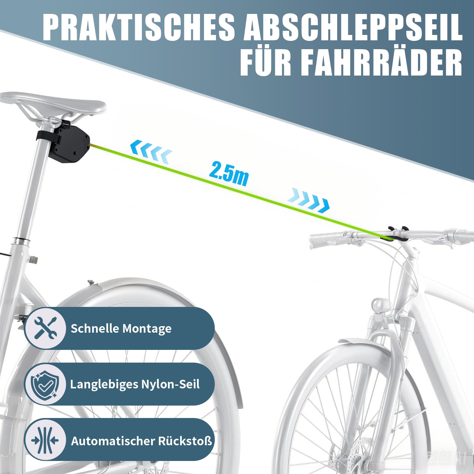 Kinder Fahrrad Abschleppseil 2,5m, Vankarr Universell Passend, Automatisches Aufrollen, Einfaches Bergauf Ziehen, Sicher & Stabil, Für Cityräder, Mountainbikes, E-Bikes