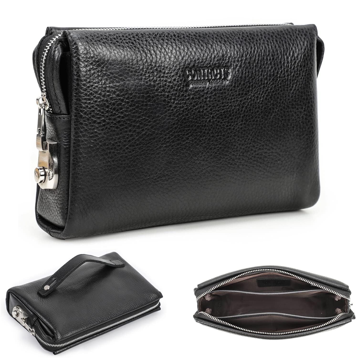 CONTACTS Bolso de mano de cuero genuino con tarjetero para hombre, cartera de gran capacidad con cerradura de combinación antirrobo