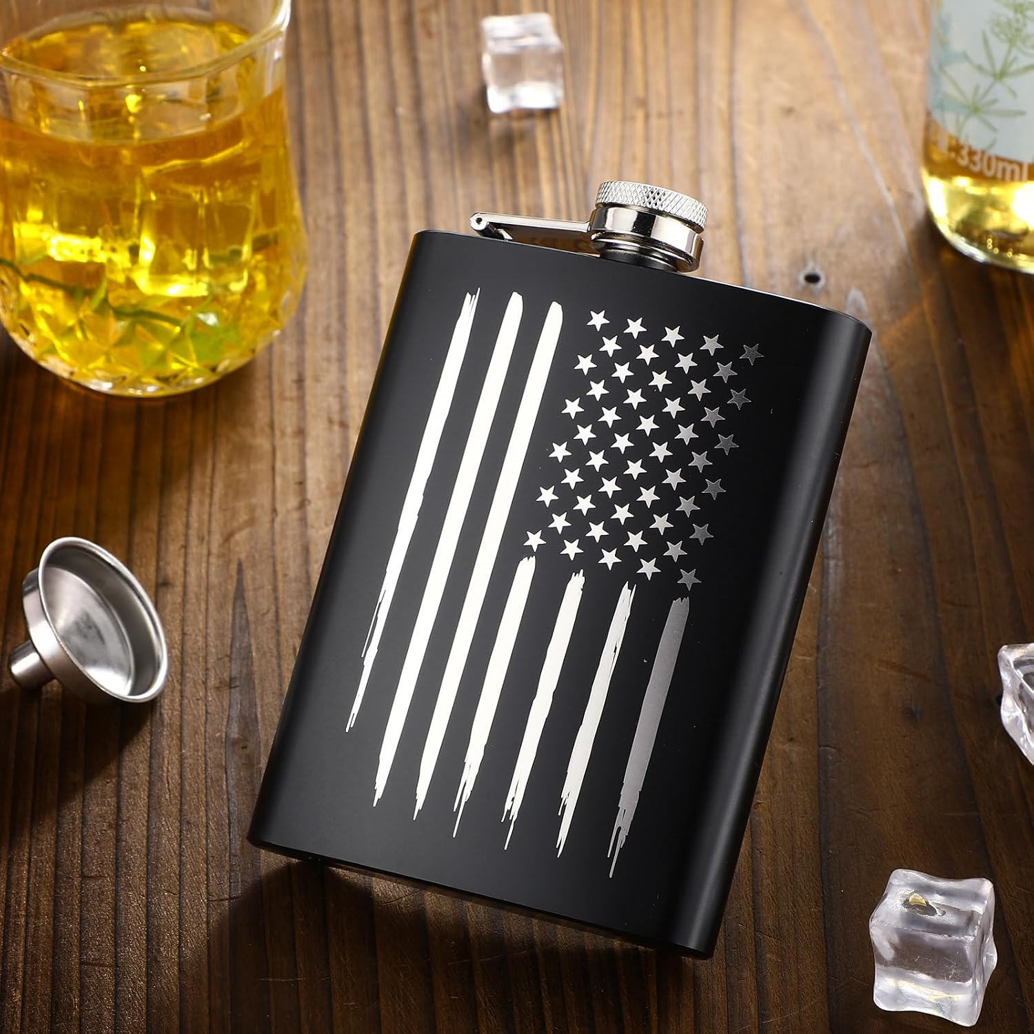 Chengu 6 Pcs American Flag Hip Flask for Liquor for Men Women 8 oz with Funnel Leak Proof Stainless Steel Black Pocket Hip Flask Gift for Him Wedding Party Groomsman Birthdays Outdoor
