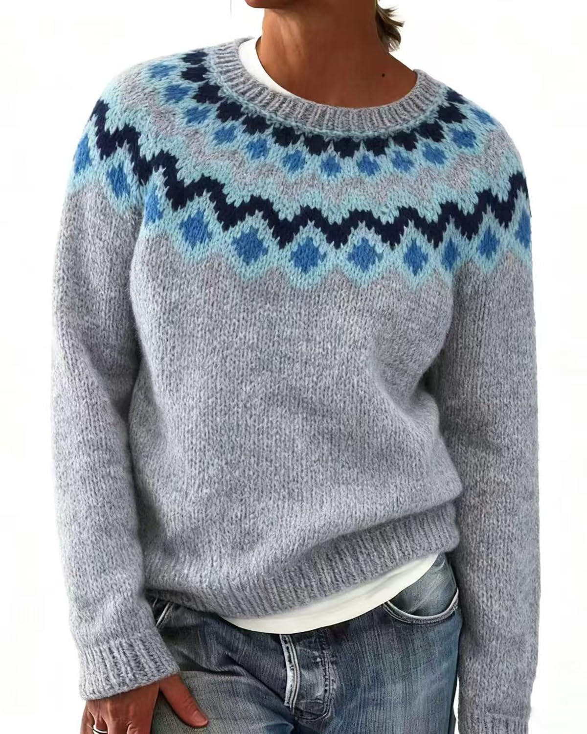 Womens Vintage Fair Isle Sweater Casual Loose Long Sleeve Crewneck Knitted Pullover Sweater Jumper Tops