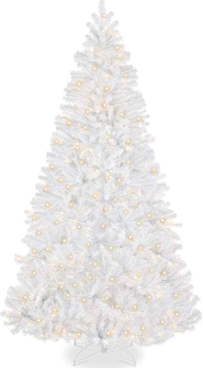 Best Choice Products Artificial Christmas Tree, 9ft Premium Pre-Lit Realistic Spruce Holiday Décor w/Dense Branches, Metal Base - White Spruce