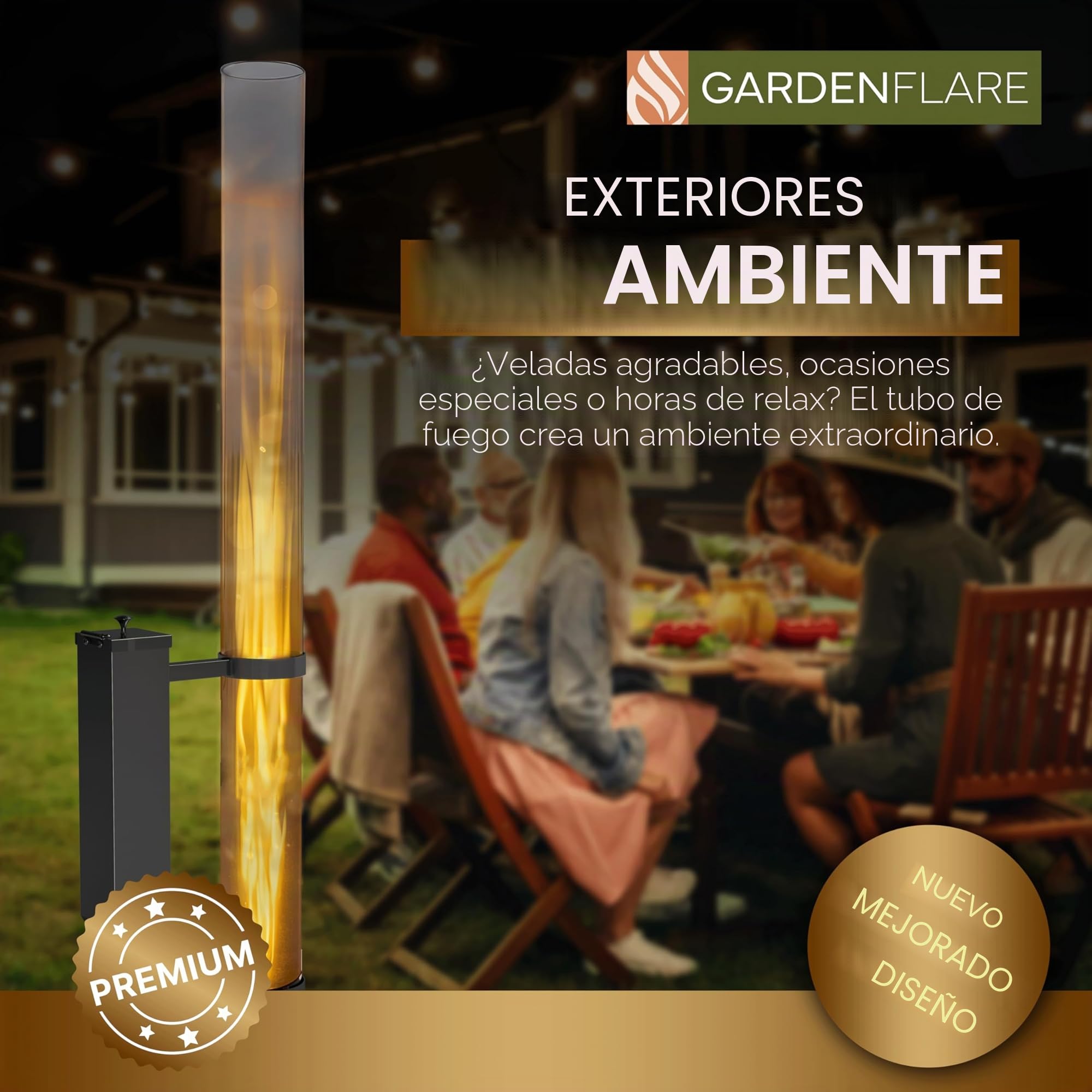 GARDENFLARE Fogón sin humo, tubo de fuego de pellets de madera para exteriores, chimenea de acero inoxidable para ambiente en tu patio, porche y jardín (negro mate, premium)
