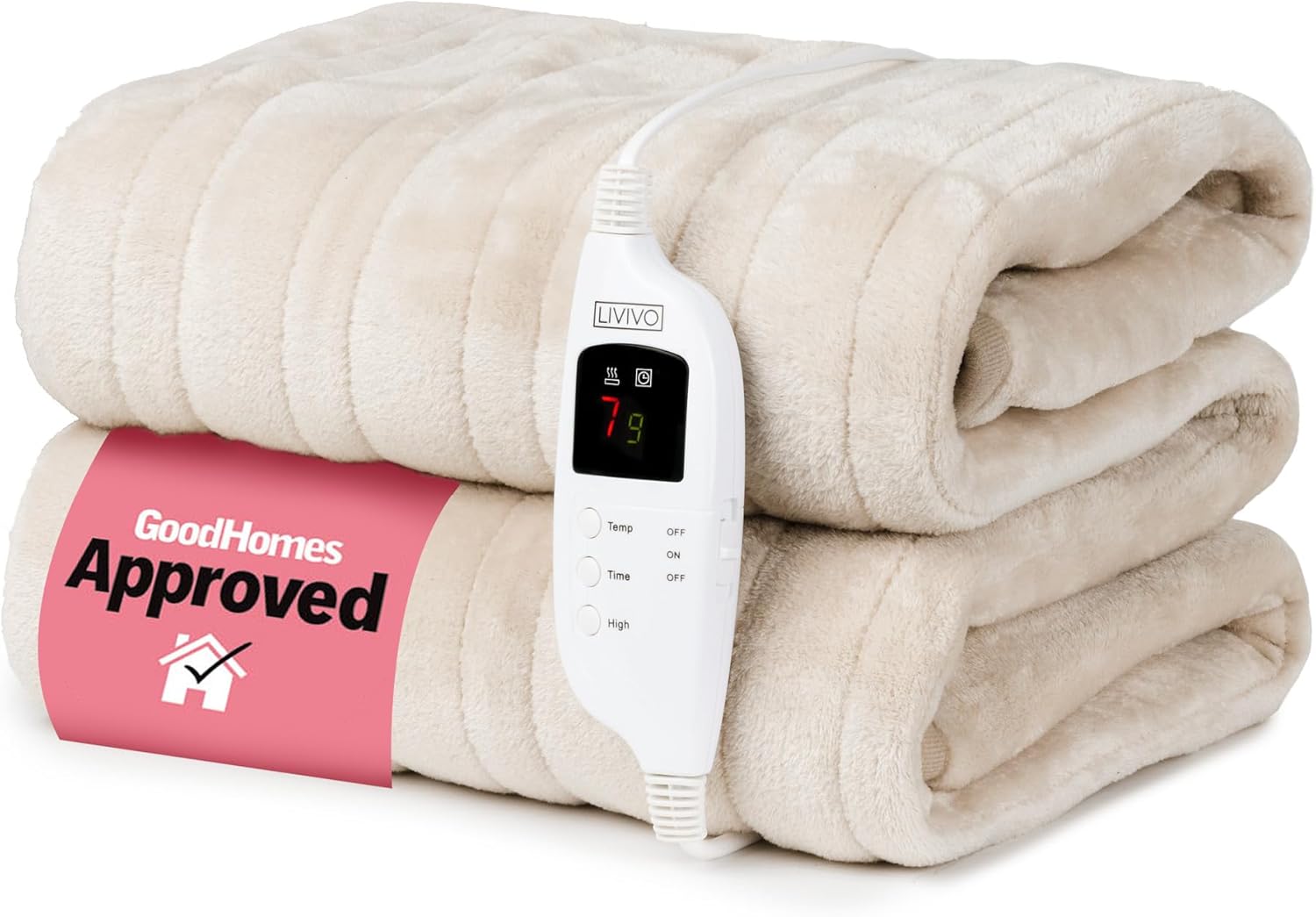 LIVIVO Electric Heated Blanket, 160x130cm – Ultra Soft Fleece Electric Over Blanket Throw with 9 Heat Settings, Timer, Auto Shut-Off – Energy Efficient & Machine Washable - Beige