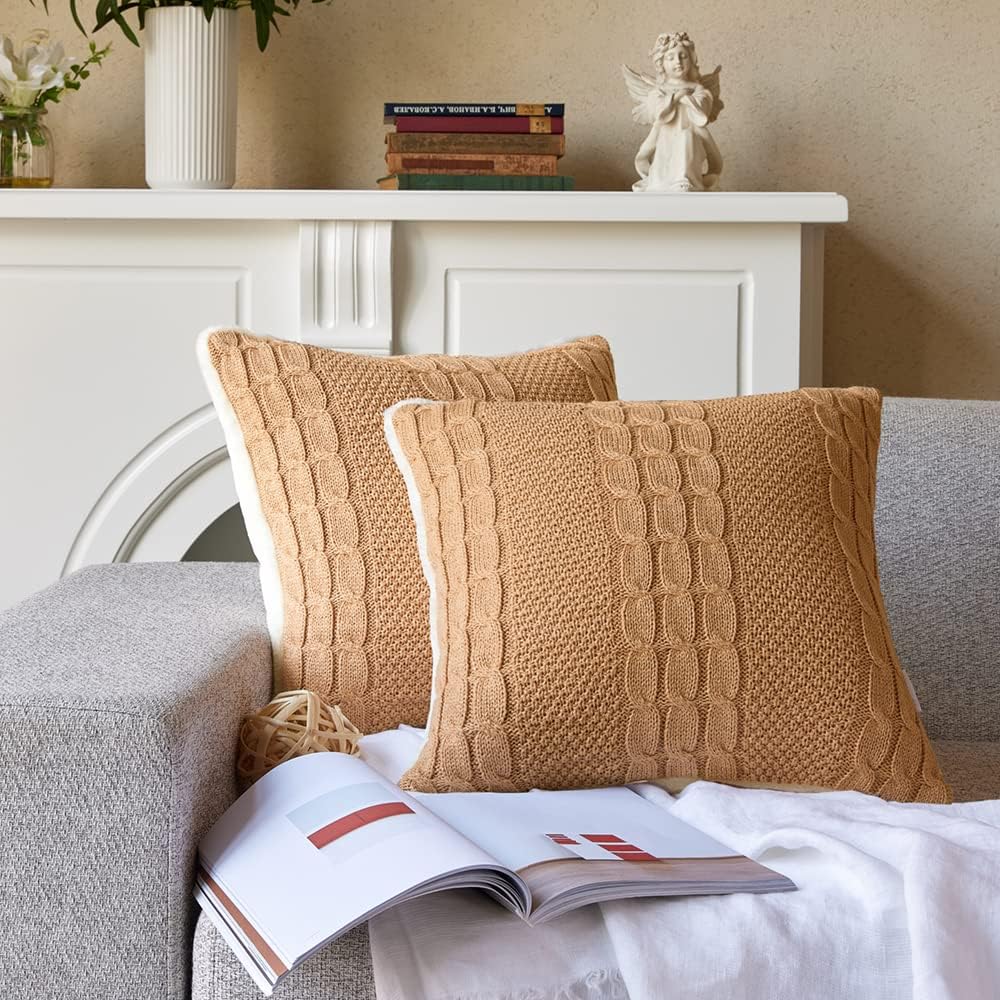 Pack of 2 Luxurious Decorative Throw Pillow Covers, Cozy Cable Knit Faux Fur Pillow,Decorative Pillows for Couch,Throw Pillow Covers 18x18, in Hawaii Sand Color,Twisted-Pair Pattern 18X18"
