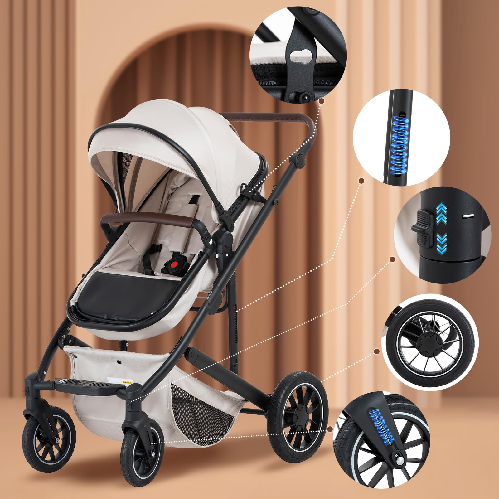 Zkiprm 3-in-1-Kinderwagen Faltbarer Kinderwagen mit Sitz höhenverstellbarer Lenker Baby Wagen für 0 bis 4 Jahren