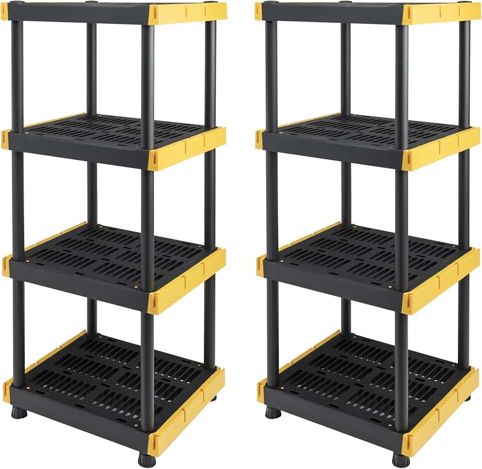 BLACK & YELLOW� 4-Tier Heavy Duty Plastic Storage Shelving Unit, 100lbs/shelf (55�H x 24�W x 20�D), for Indoor/Outdoor Organization, Modular Rack, Extremely Durable�, Made in The USA [2 Pack]