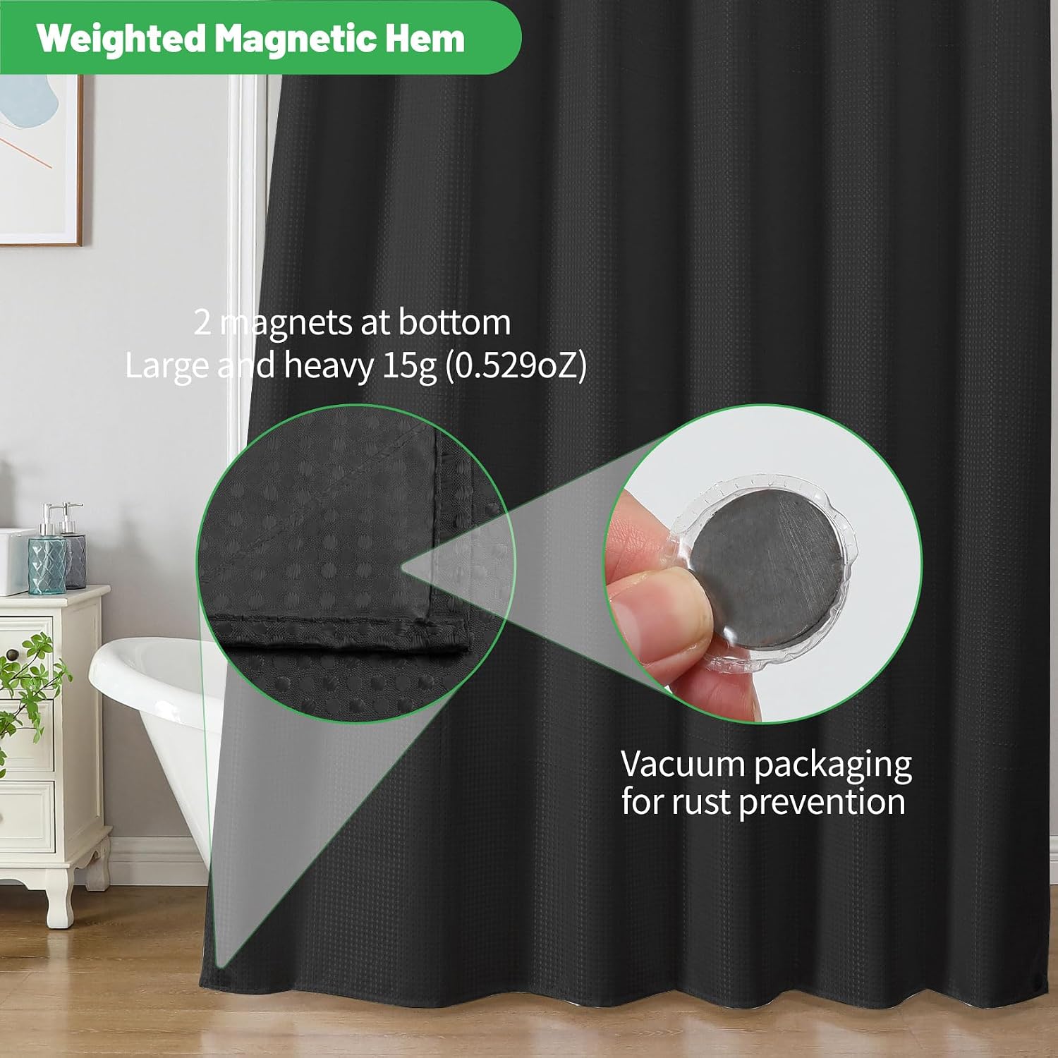 eachope No Hook/Liner Waffle Shower Curtain, Waterproof, 71x77 Inch Black | No Separated Liner for Bathroom or Rv, 100% Waterproof. Magnetic Weighted Hem, Machine Washable, Hotel Spa Quality
