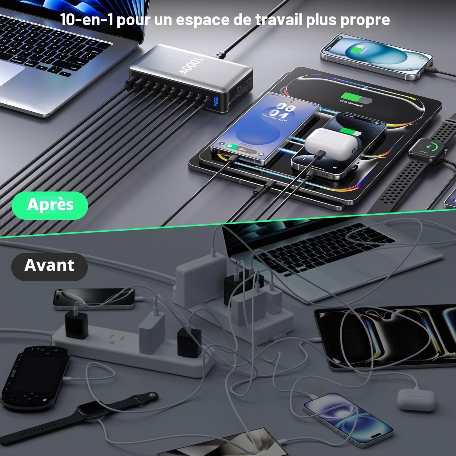 1000W Chargeur Multiple USB C Rapide, Station De Charge 10 Ports GaN USBC, Chargeur Laptop 140W Et 100W Pour MacBook Pro/Air, Lenovo,HP, Hub de Charge Bureau Multiprise USB Pour iPhone, Samsung, Pixel