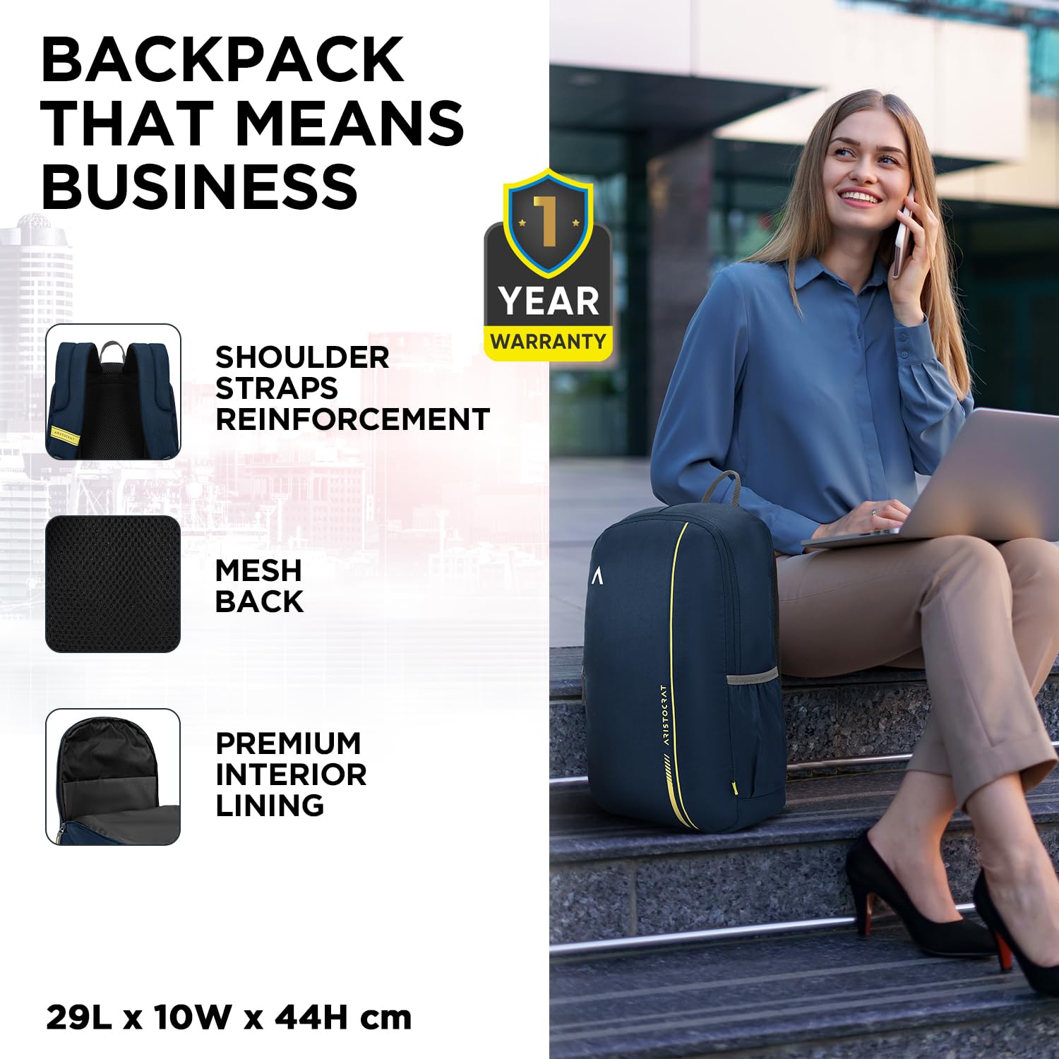 Aristocrat Nova 15L Laptop Backpack for Men & Women with Bottle Pocket | Padded Shoulder Straps, Multi Compartments | Travel & College Bag | Dark Blue 3