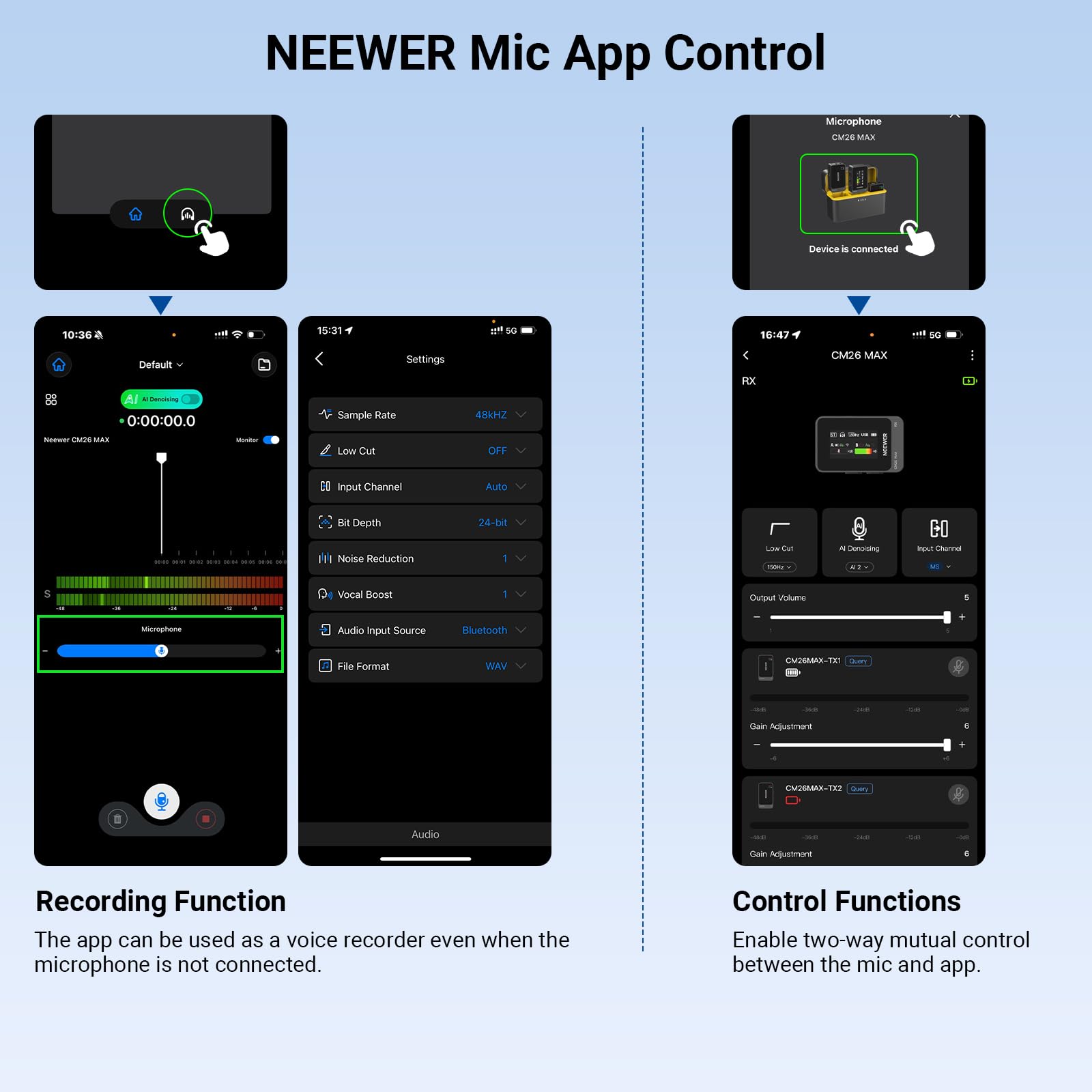 NEEWER CM26 MAX AI Micrófono Solapa Inalámbrico Compatible con iPhone 17 16 15 Android Cámara PC USB C Plug & Play App Control 2 Nivel Cancelación Ruido 50h Batería 120m Alcance Apple MFi Certificado