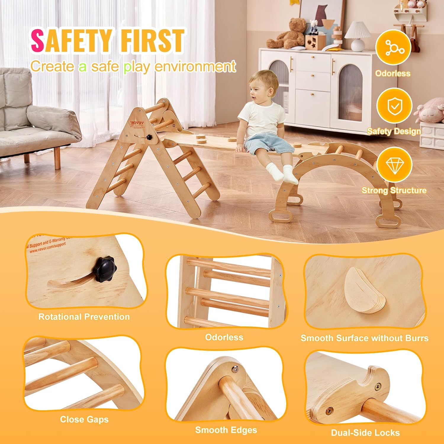 VEVOR Pikler Triangle Set Climber 5 in 1, Toddler Climbing Toys Indoor Folding with Arch&Ramp&Ladder for Montessori Play Gym for Toddlers and Kids, Wooden Color, Medium Size