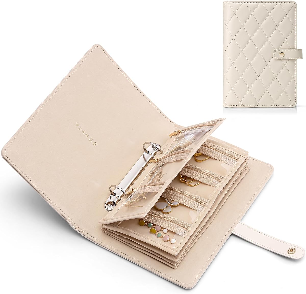 VLANDO Teacher Gifts for Women,Travel Jewelry Organizer Case,Jewelry Storage Book Ring Binder with Clear Zipper Velvet Jewelry Pouches Bags for Rings,Necklace,Earrings-Cream White