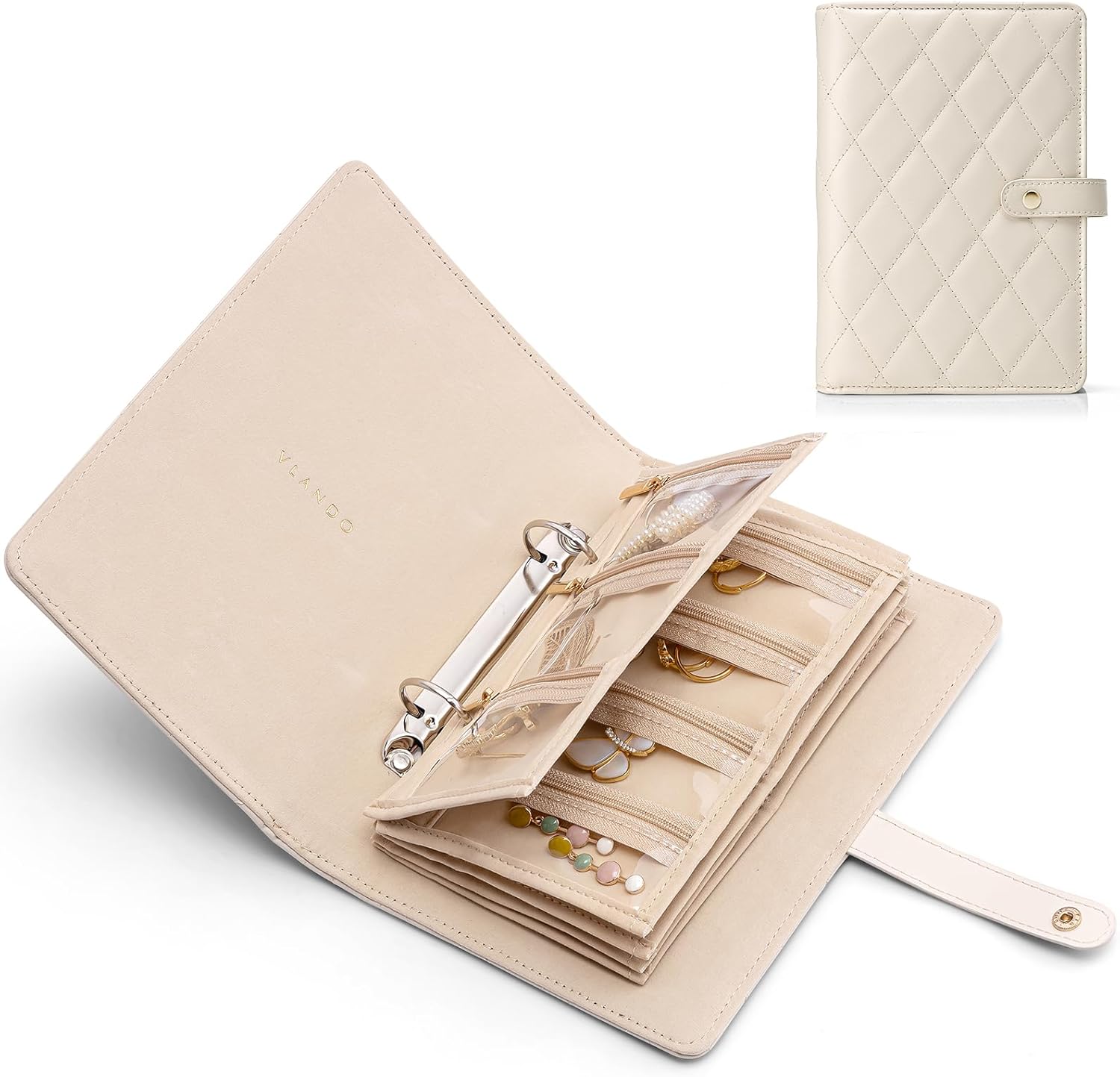 Vlando Teacher Gifts for Women,Travel Jewelry Organizer Case,Jewelry Storage Book Ring Binder with Clear Zipper Velvet Jewelry Pouches Bags for Rings,Necklace,Earrings-Cream White