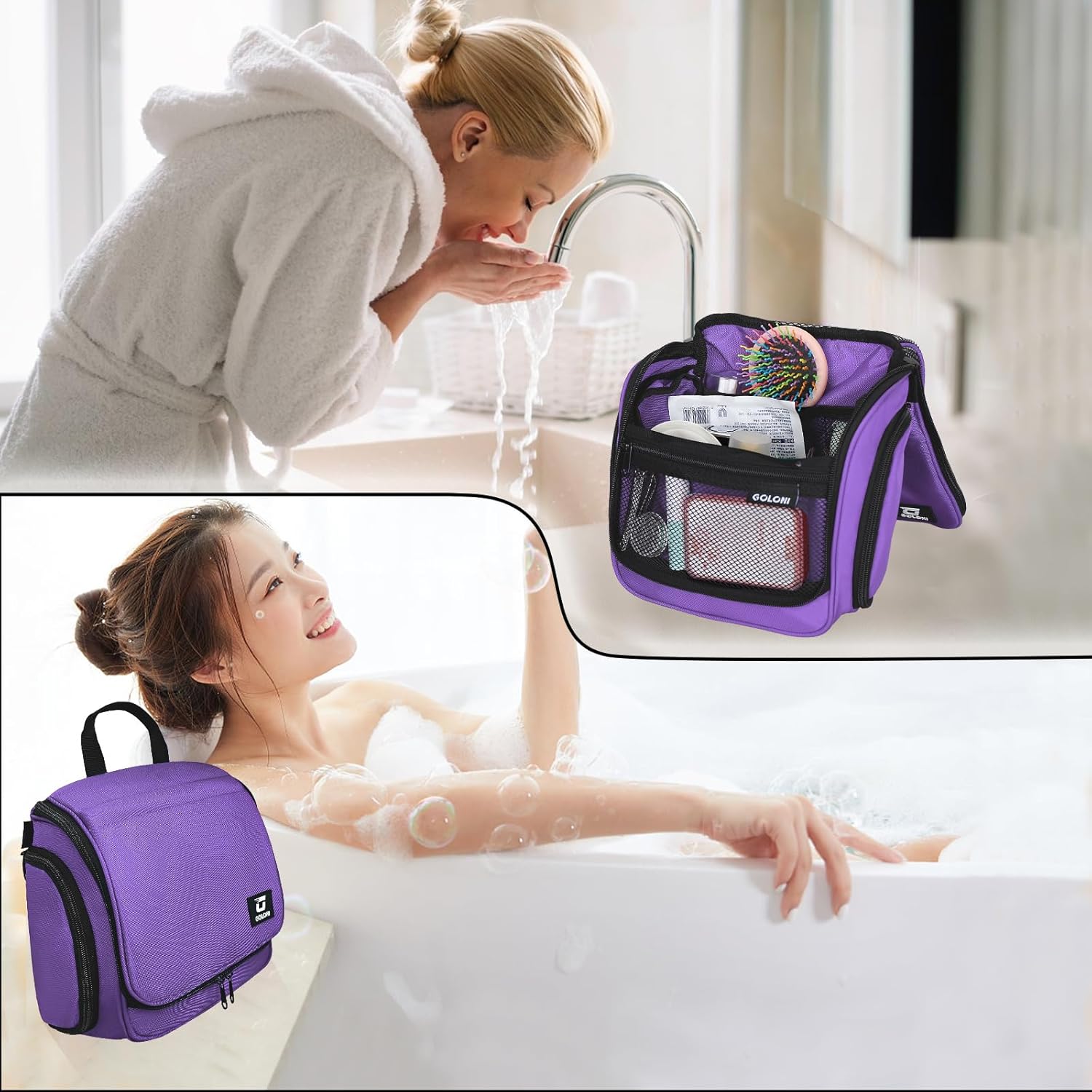 Goloni Hanging Toiletry Bag, 10 Compartments Water-Resistant Makeup Bag with 360° Spinning Metal Hook, Large Travel Cosmetic Organizer for Men & Women, Purple (7.05oz)