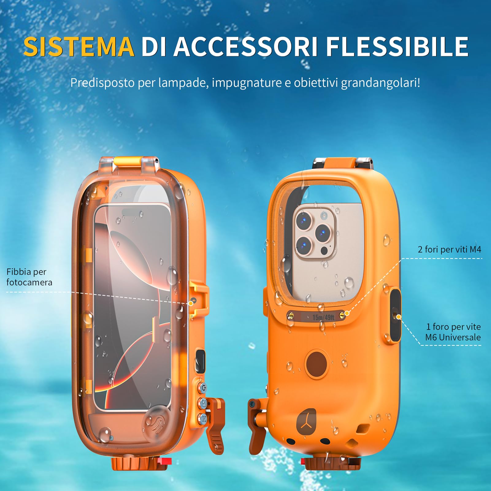 Lanhiem Custodia Impermeabile Professionale Subacquea IP68 15M - Per Telefoni iPhone,Samsung,Huawei e Xiaomi (fino a 6,9") Controllo Fotografico Bluetooth per le Vostre Avventure,Arancione