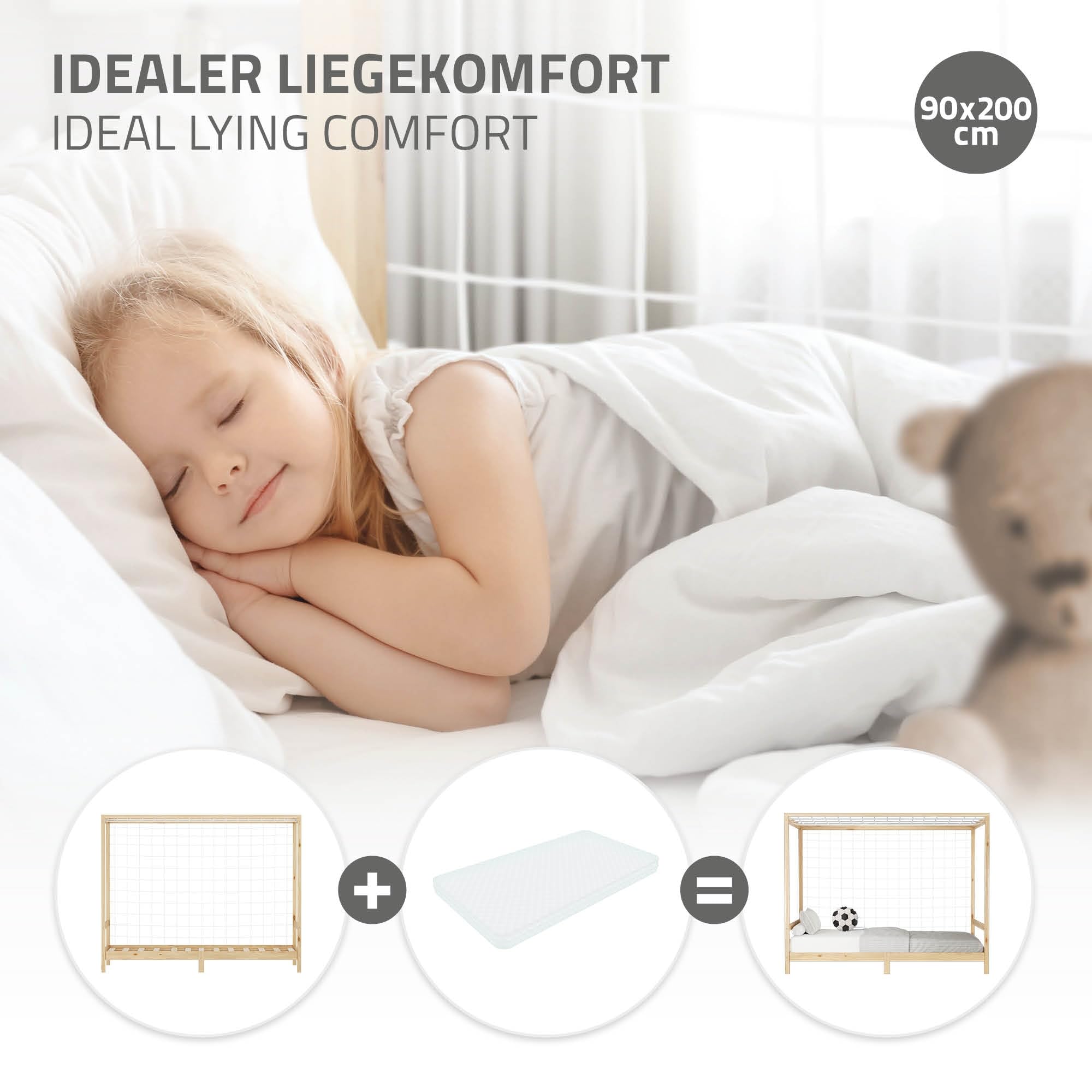 ML-Design Kinderbett Fußballtor 90 x 200 cm, Natur, Einzelbett für Kinder, Holzbett mit Lattenrost und Tornetz, Jugendbett aus Kiefernholz, Bettgestell Holzrahmen Spielbett Fußballbett-Tor Handballtor