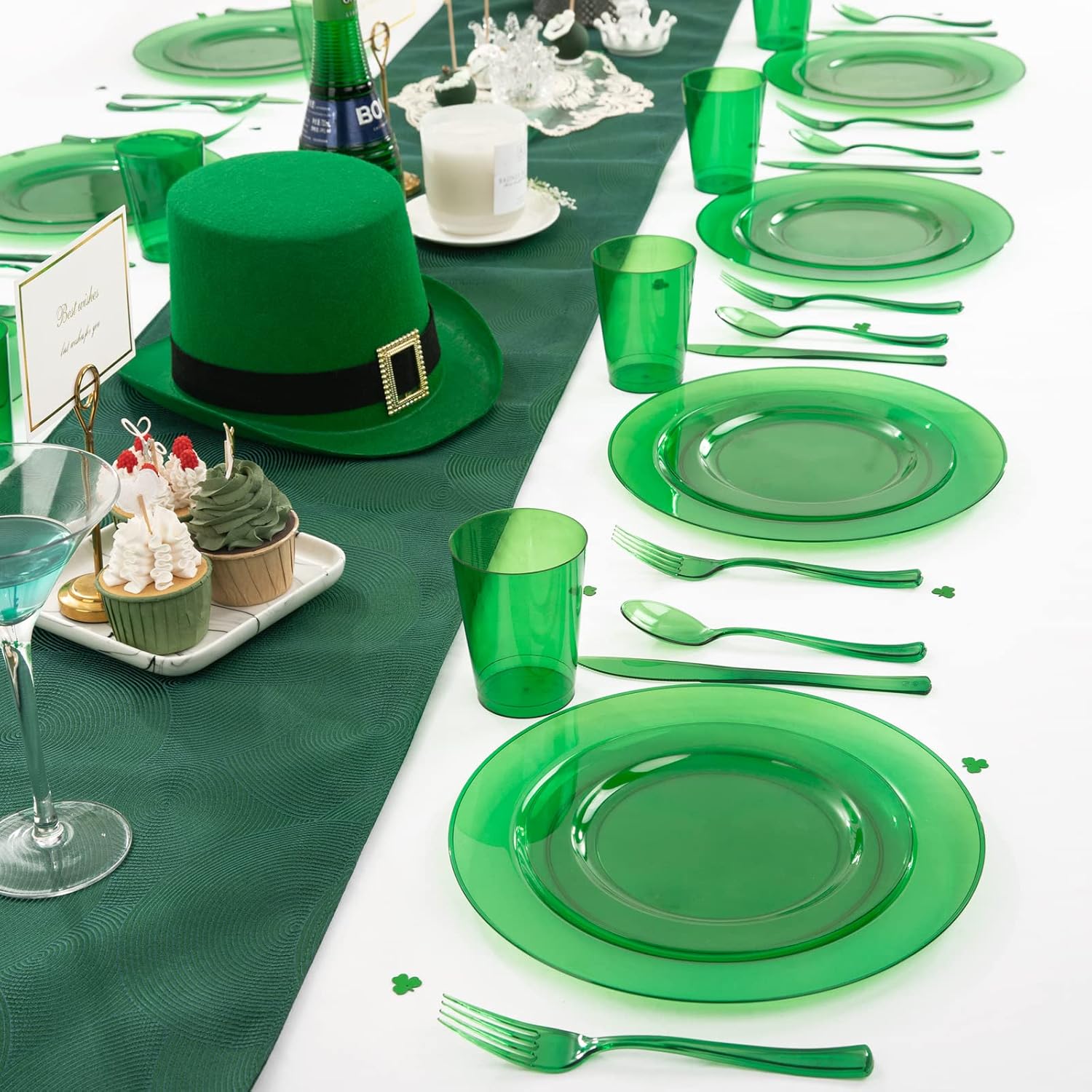 COLOSUS 216PCS Green Plastic Plates,Fancy Green Plates, Green Disposable Plates include 36 dinner plates,36 dessert plates,108 plastic silverware set 36 plastic cups for party