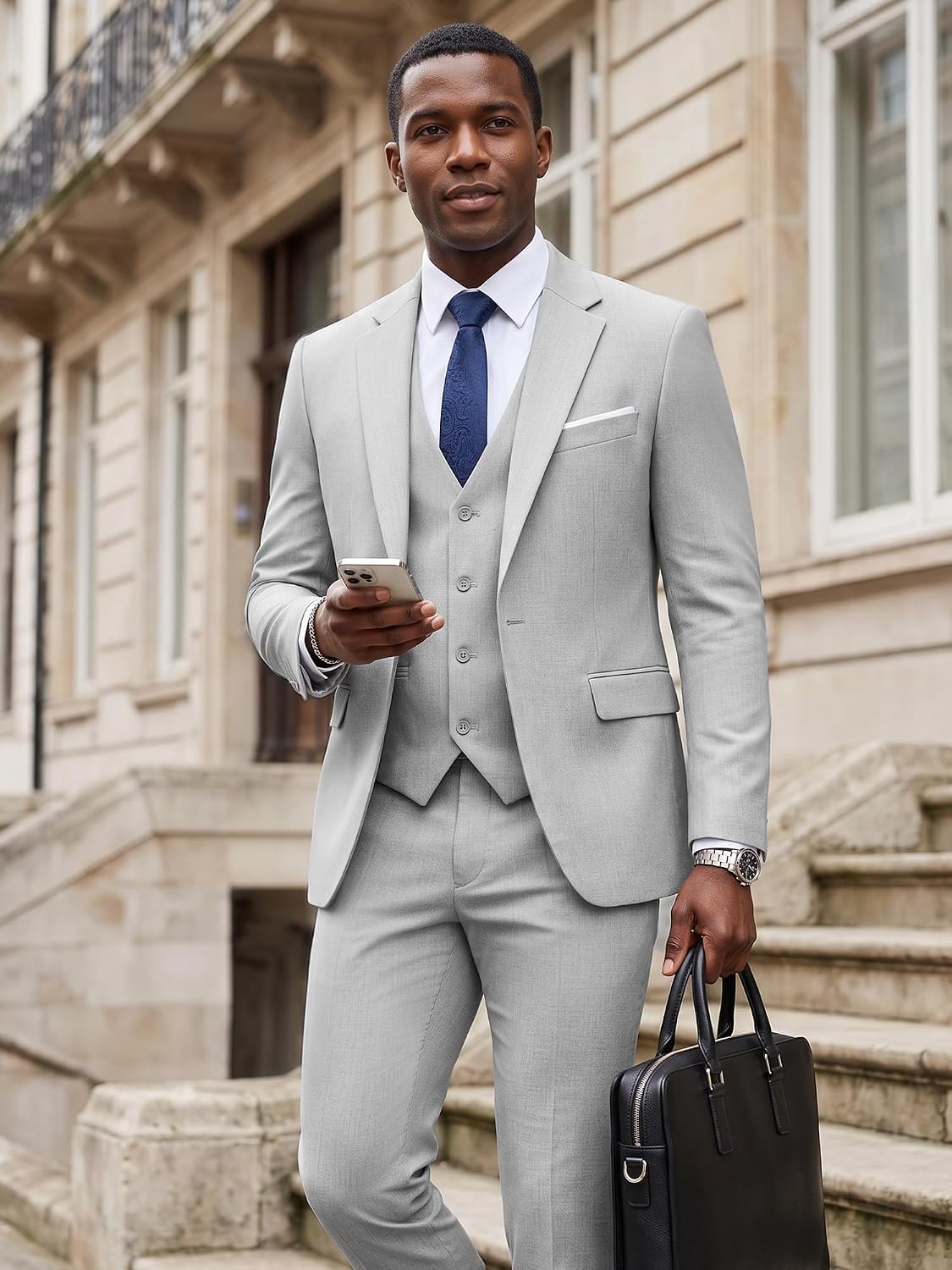 Men's 3 Pieces Suit Elegant Solid One Button Slim Fit Single Breasted Party Blazer Vest Pants Set thumbnail
