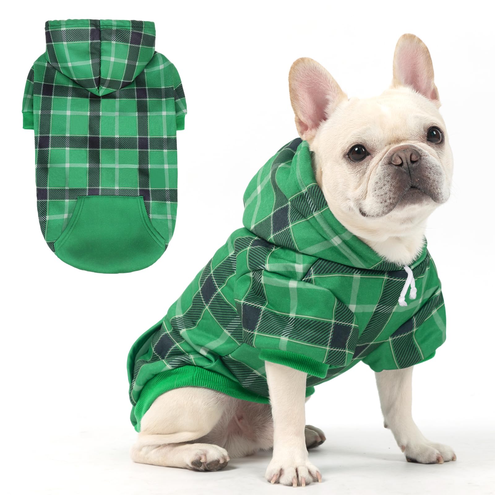 KOOLTAIL Plaid Dog Hoodie for Small Medium Large Dogs - Pet Clothes Sweater with Hat and Pocket for Cold Weather Winter, Warm Soft Dog Hooded Sweatshirt Coat Outfit for Puppy Cats Girls Boys Green SM