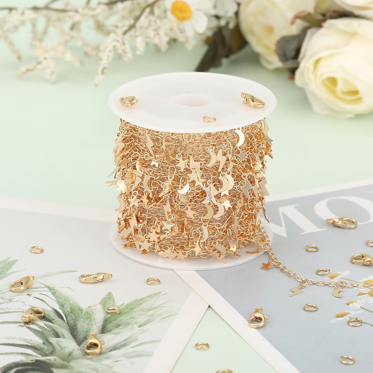 KYUNHOO 16.4 Feet Gold Plated Brass Chain Bulk Dainty Cable Chain Link on Roll Star Moon Decoration Chains for Jewelry Craft DIY Finding Jewelry Making Supplies - Image 6