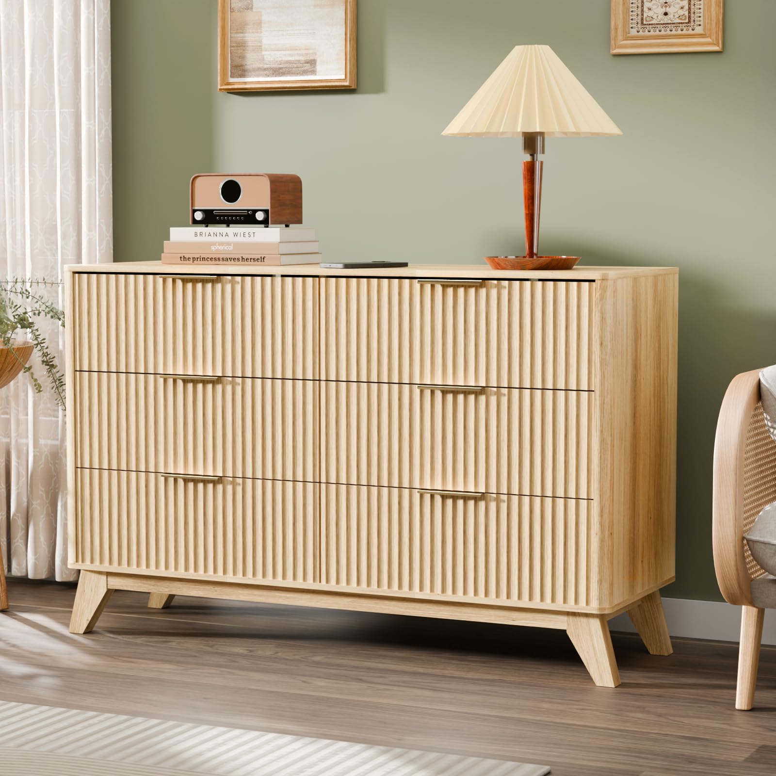 VINGLI Fluted Dresser for Bedroom, Wood Dresser 6 Drawer with Rounded Edges, Mid Century Modern Dressers Natural Wood Color, 46.8" W*15.6" D*31" H