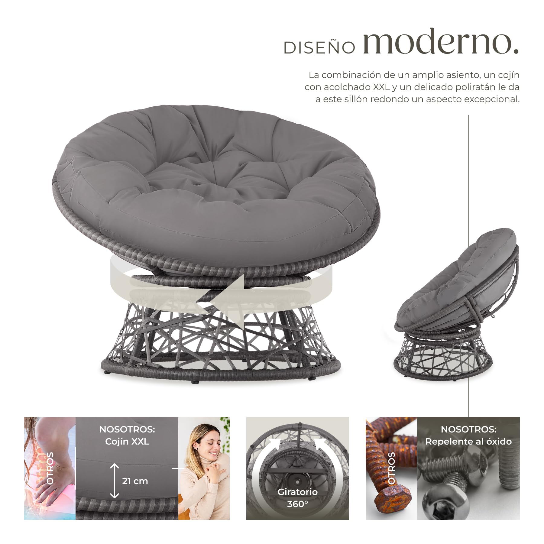 tectake® Sillón de Ratán y Acero en Forma de Cuenco, Giratorio, Muebles Jardín Exterior Resistentes a Intemperie, Sillón para Conjunto Jardín Exterior, Cojín Grande y Mullido, Altura Ajustable - Gris