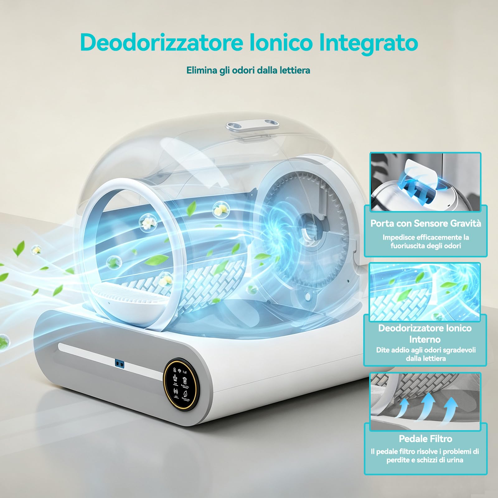 Lettiere Autopulenti Gatti 74L con 2 Filtri e 6 Rotoli Sacchetti | Deodorante Ionico, Smart Health Monitor, Comando APP con tappetino Adatte Alle Famiglie con Più Gatti