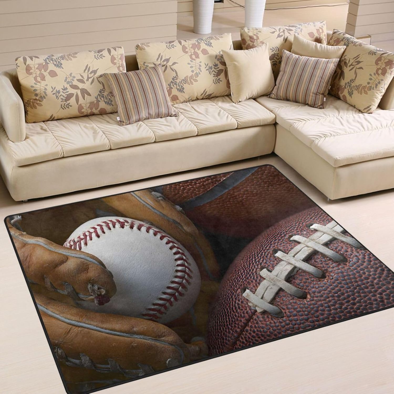 ALAZA Baseball Football Basketball Non Slip Area Rug 4'10" x 6'8" for Living Dinning Room Bedroom Kitchen Hallway Office Modern Home Decorative
