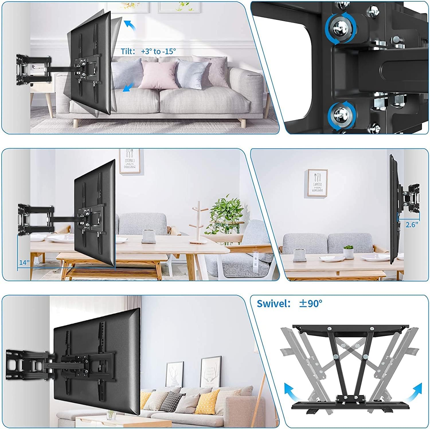 Detailed view of the TV wall mount components, highlighting level adjustment, heavy-duty steel construction, tilt adjustment, and security lock.