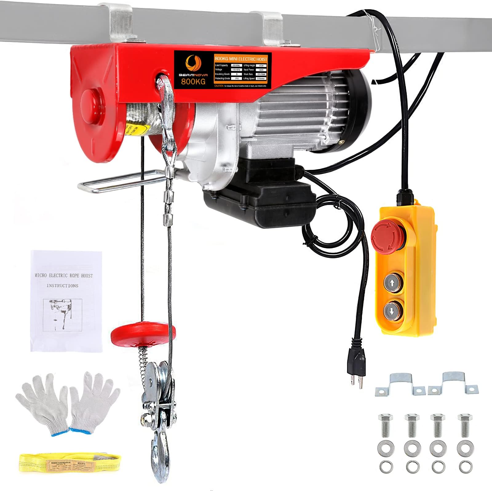 Electric Hoist 110-120v Overhead Engine Lift 110-120 Volt with Line 4.92 Ft Remote Control Switch Hook Strap Beam Mounting Bracket Gloves Pulley (1760lbs)