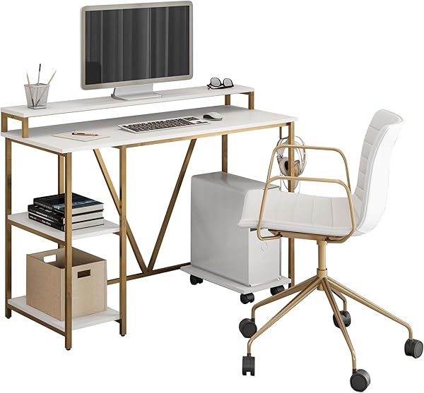 Techni Mobili Computer Desk - Industrial Writing Desk with Storage Shelves, Monitor Stand, & Accessory Holder - Home Office Laptop Computer Table with CPU Caddy & 2-Tier Small Bookshelf Space