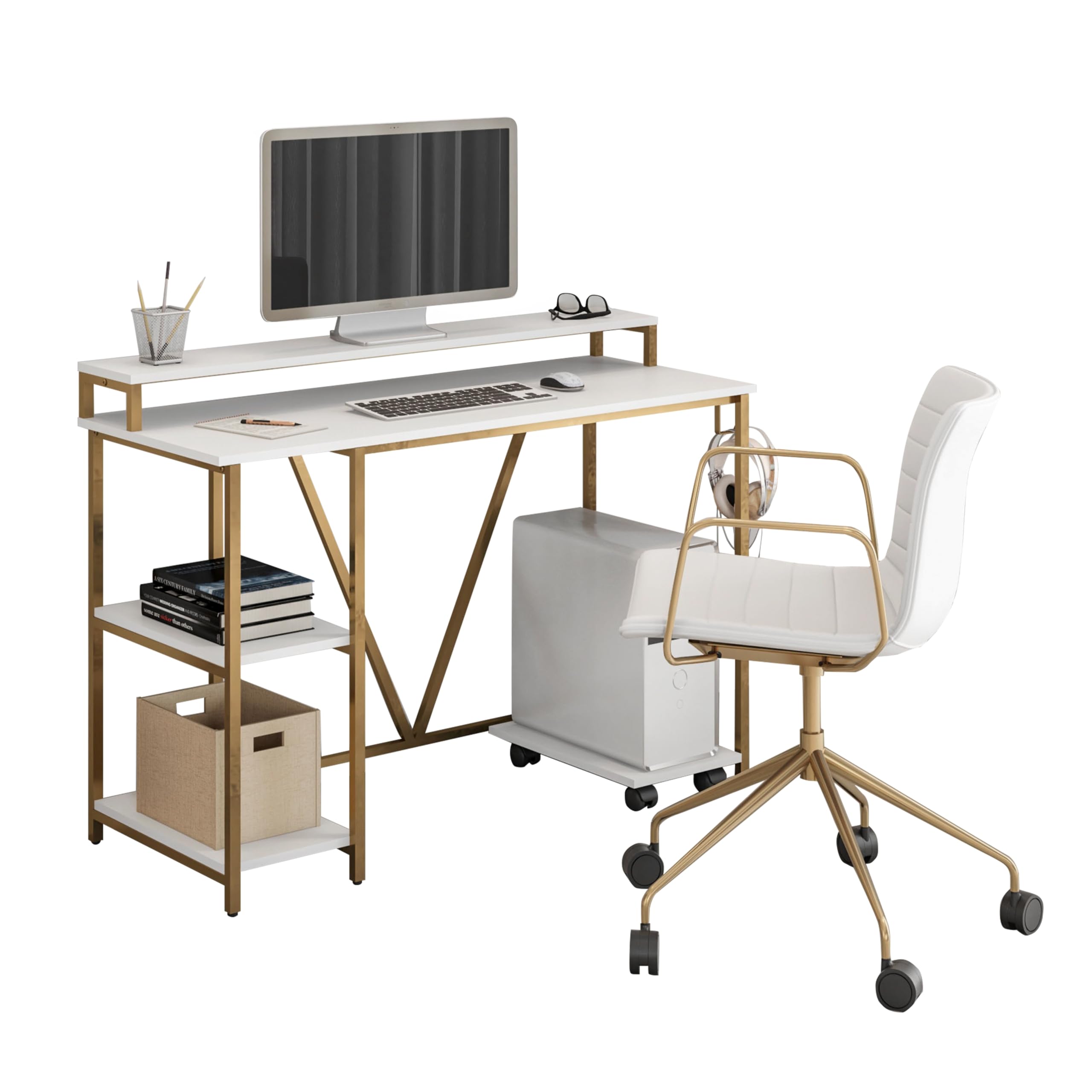 Computer Desk - Industrial Writing Desk with Storage Shelves, Monitor Stand, & Accessory Holder - Home Office Laptop Computer Table with CPU Caddy & 2-Tier Small Bookshelf Space