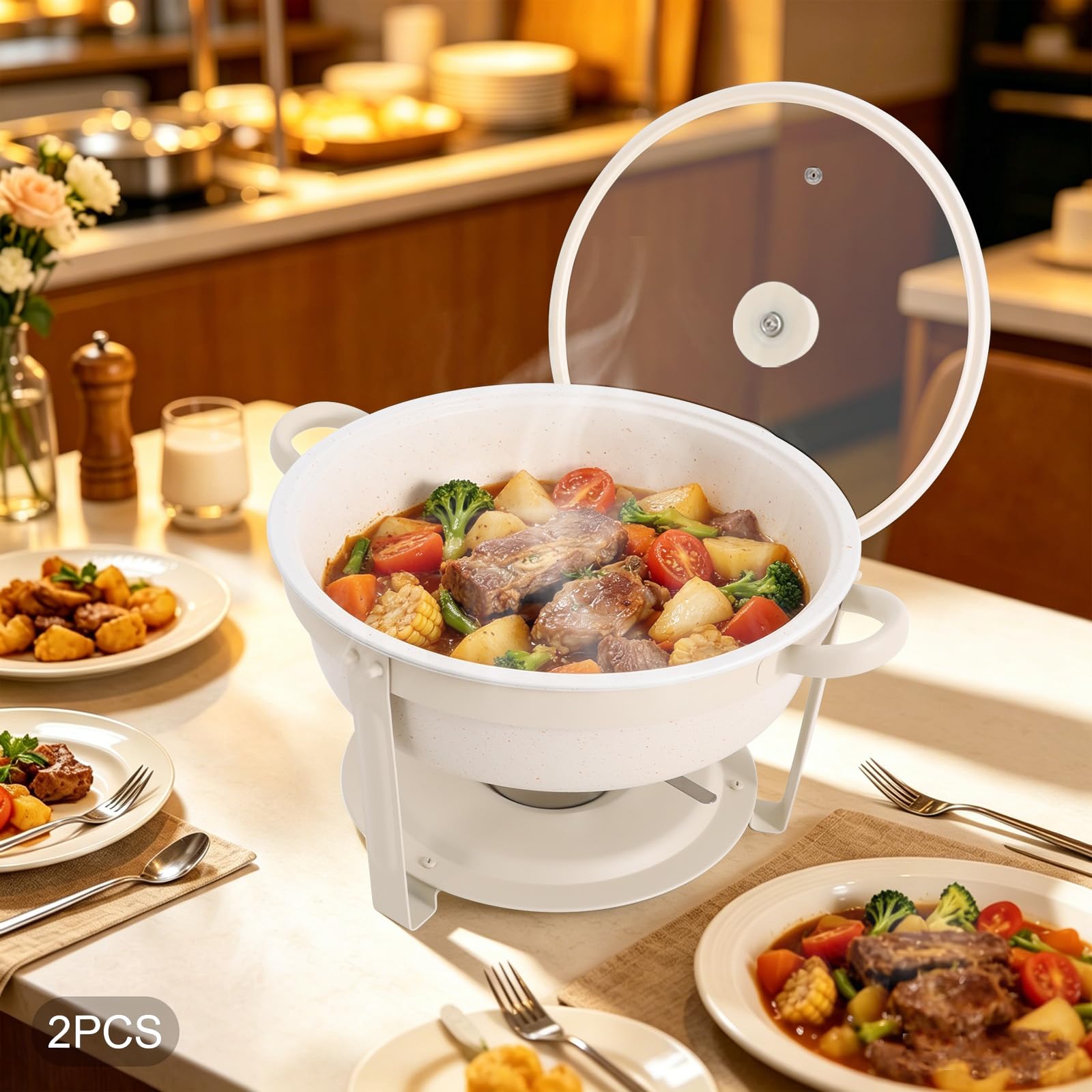 Chafing dish, plato de servir, juego de aparador de 2 piezas 5QT de acero | Set 2 platos 5,5L, acero inoxidable con revestimiento maifanite, vidrio templado, servicio caliente o frío