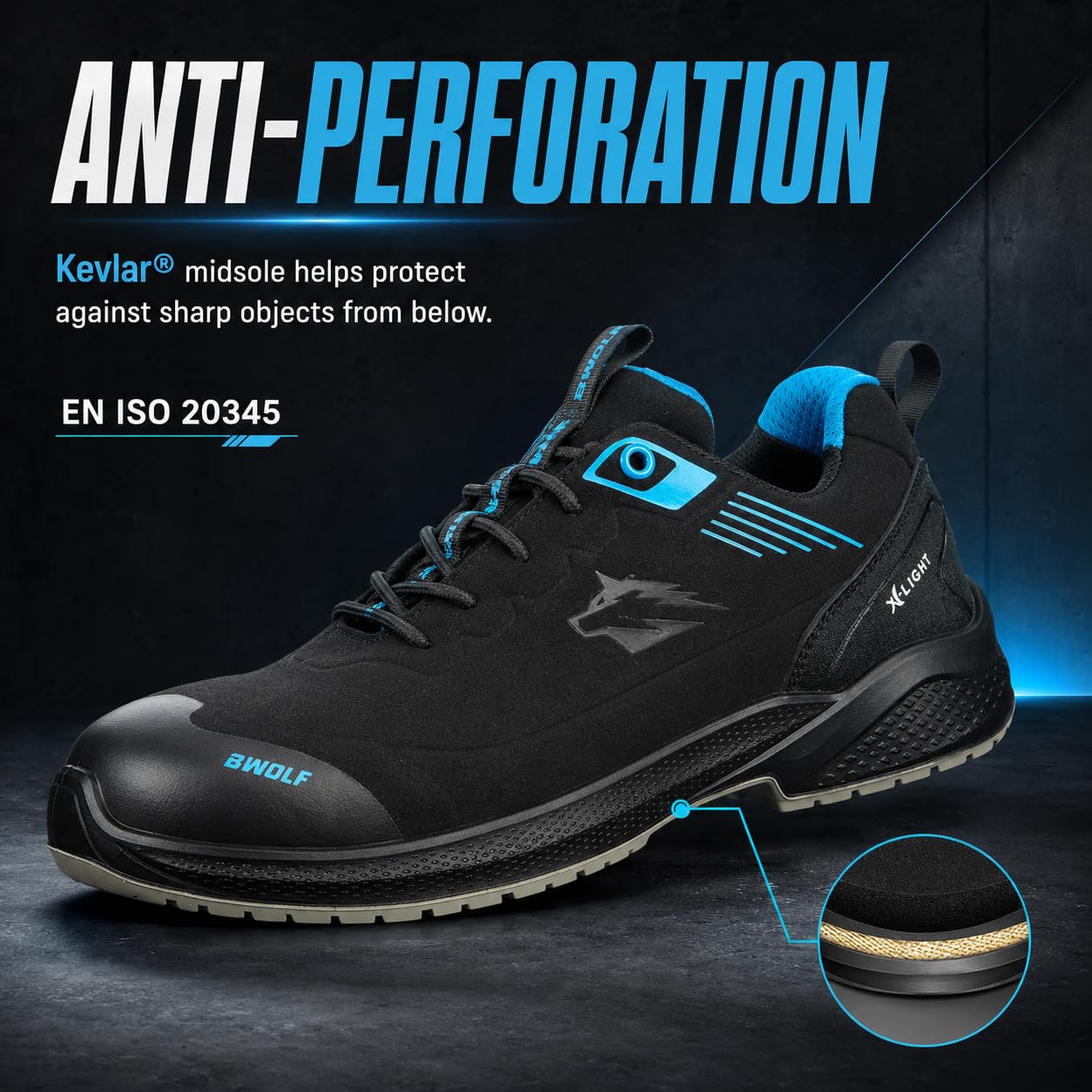 BWOLF Noir S3S Buty robocze męskie ESD S3 – buty ochronne z kompozytową nasadą i podeszwą z Kevlaru, wodoodporne, odporne na olej, antypoślizgowe (Czarne, system rozmiarów butów UE, dla dorosłych