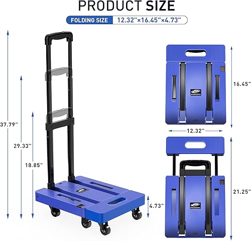 Miniatura 2 de SPACEKEEPER - Carro de mano plegable, carrito de equipaje de 500 libras de capacidad, carrito plegable portátil con 6 ruedas y 2 cuerdas elásticas