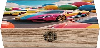 Colorful Balls & Cars Wooden Box Sturdy Vintage Storage Box with Hinged Lid Exquisite Wood Keepsake Boxes Large Jewelry Case Cute Trinket Holder Unique Gift for Men & Women