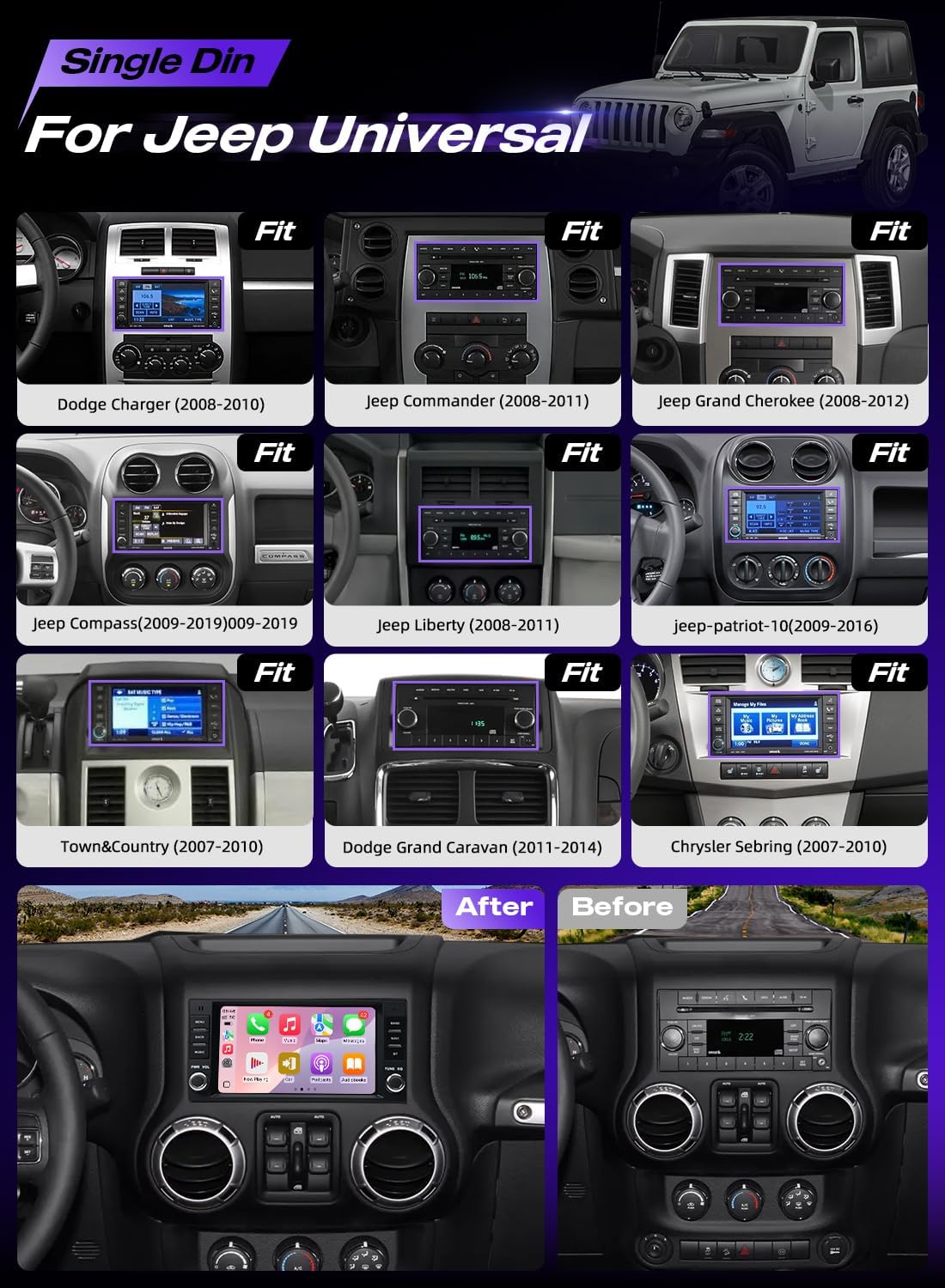 7" QLED Car Stereo Head Unit for Jeep Wrangler 2007-2018, Chrysler Dodge Ram 1500, Wireless CarPlay/Android Auto, 4GB+64GB, Bluetooth 5.0, Android 12, Plug & Play